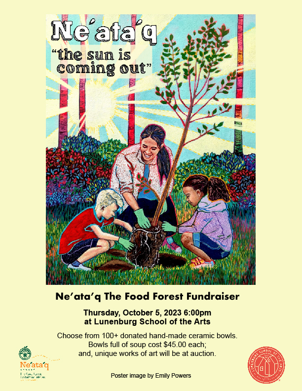 Poster for October 5 event. Pale yellow background. Illustration of one adult and two children planting a tree. Rays of sun shine through trees and bushes in the background.